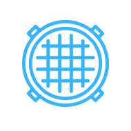 Blue circular symbol with grid and radial lines.