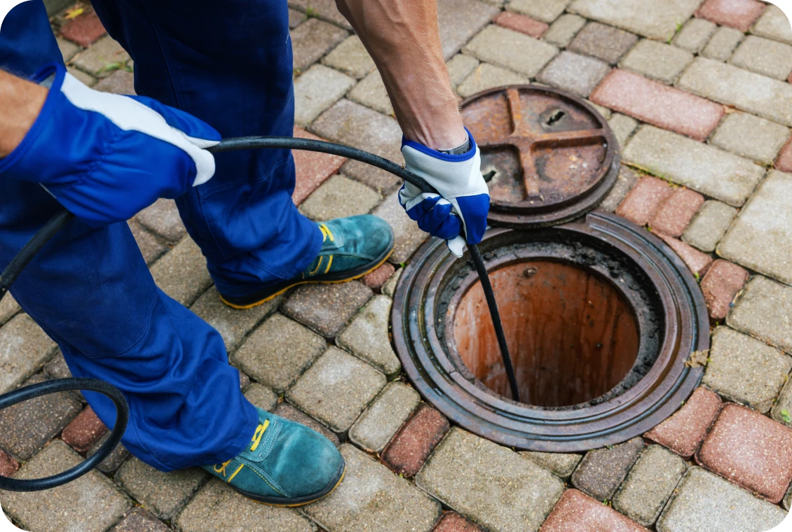 Person maintaining outdoor plumbing system